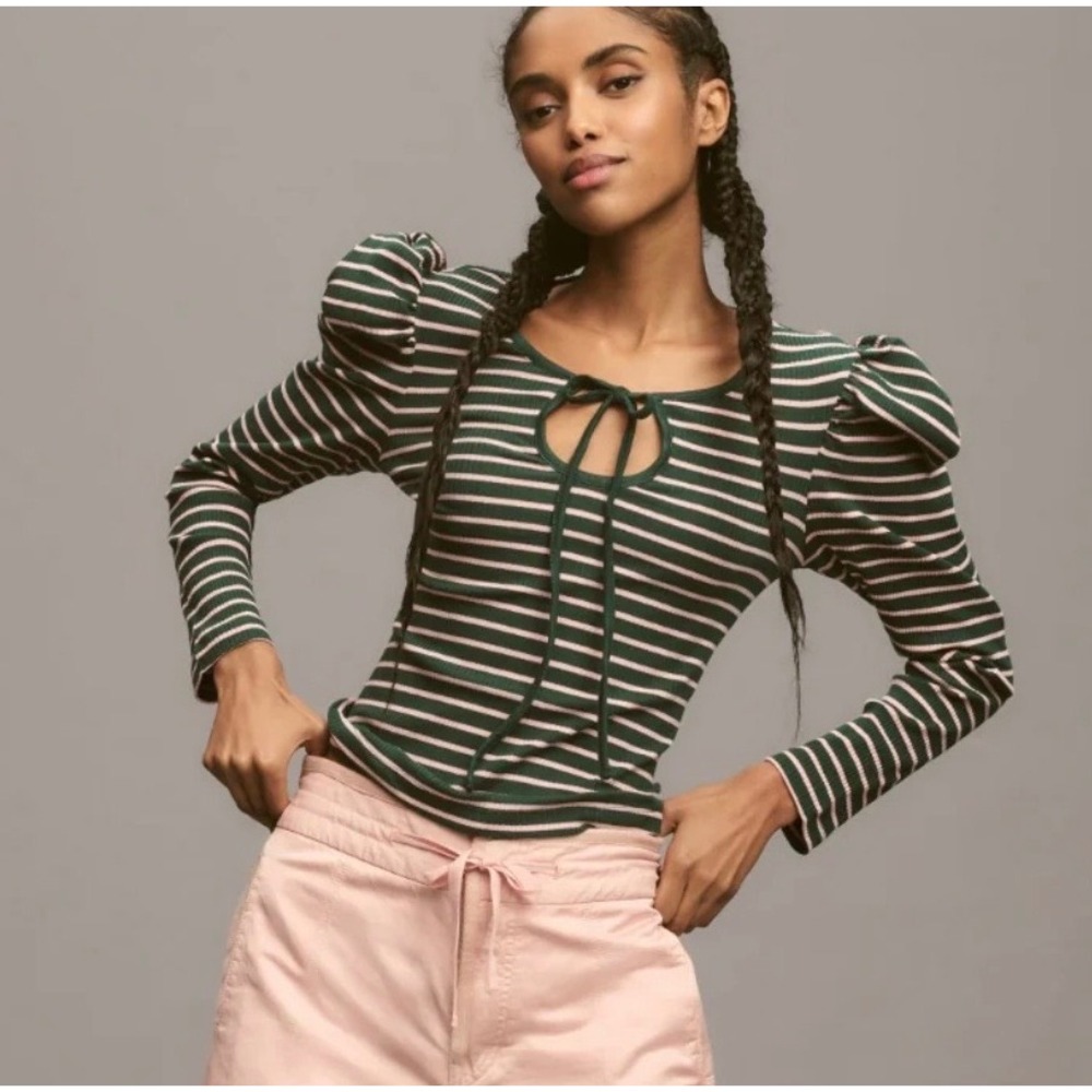 Anthropologie Porridge Striped Puff Sleeve Tie Neck Top L Green Pink Preppy